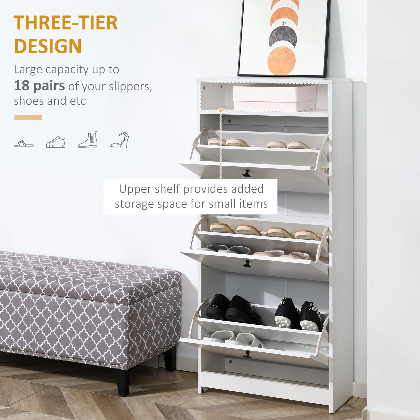 HOMCOM Wąska szafka na buty z 3 drzwiami uchylnymi, 14-18 par Szafka na buty z otwartą półką do wąskiego korytarza i przedpokoju, 24 x 60 x 132 cm, biała