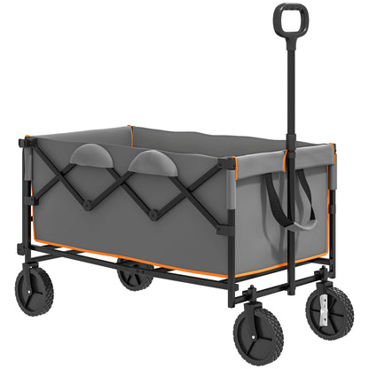 Outsunny 160L Festival Trolley on Wheels, Folding Camping Trolley Cart w/ Tailgate, 100kg Heavy Duty Garden Collapsible Folding Wagon w/Adjustable Handle, Carry Bag for Beach Picnic, Grey and Orange