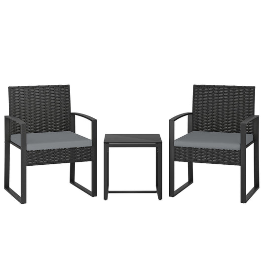 Outsunny Rattan Bistro Set, 3 Piece Garden Furniture Set with Glass Top Table and Cushions, Light Grey