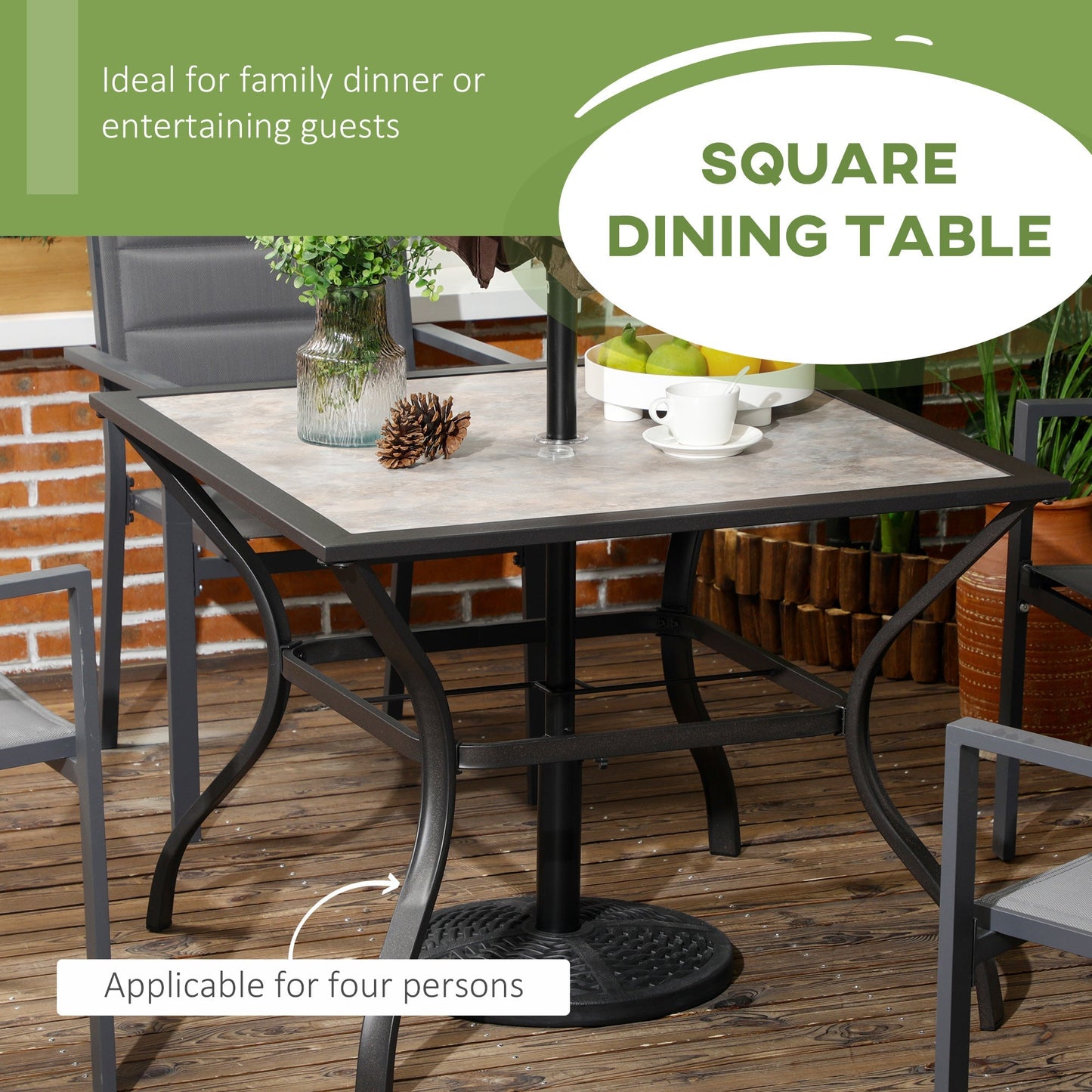 Outsunny Garden Table with Parasol Hole, Outdoor Dining Garden Table for 4, Square Patio Table with PC Board Tabletop for Patio, Backyard, Grey