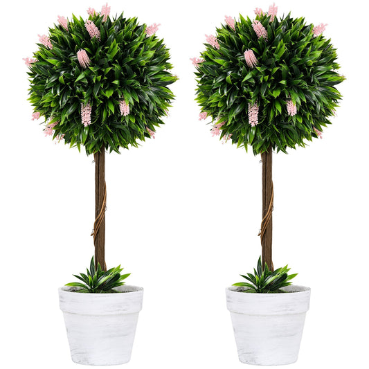 HOMCOM Set of 2 Decorative Artificial Plants Ball Trees with Flower for Home Indoor Outdoor Decor, 60cm,Pink