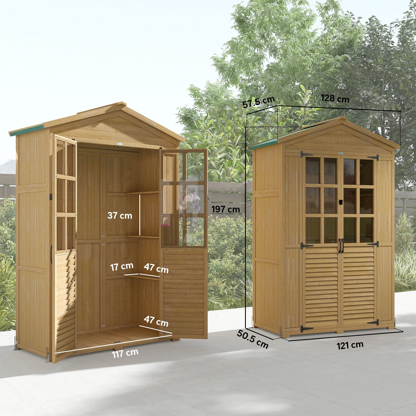 Outsunny Outdoor Wooden Storage Cabinet, Garden Tool Shed with Acrylic Windows for Patio, Light Brown