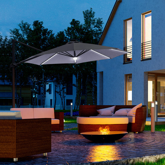 Outsunny 3(m) LED Cantilever Parasol Outdoor Sun Umbrella w/ Base Solar Lights Grey