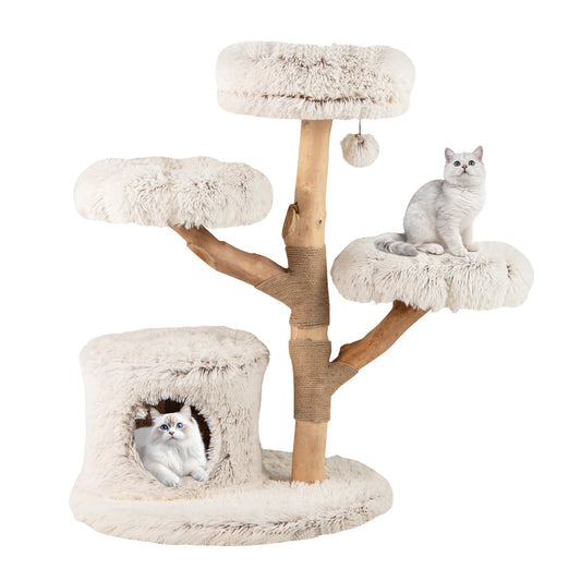102 CM Tall Real Wood Branch Kitten Tower with Condo and 2 Flower Platforms-White