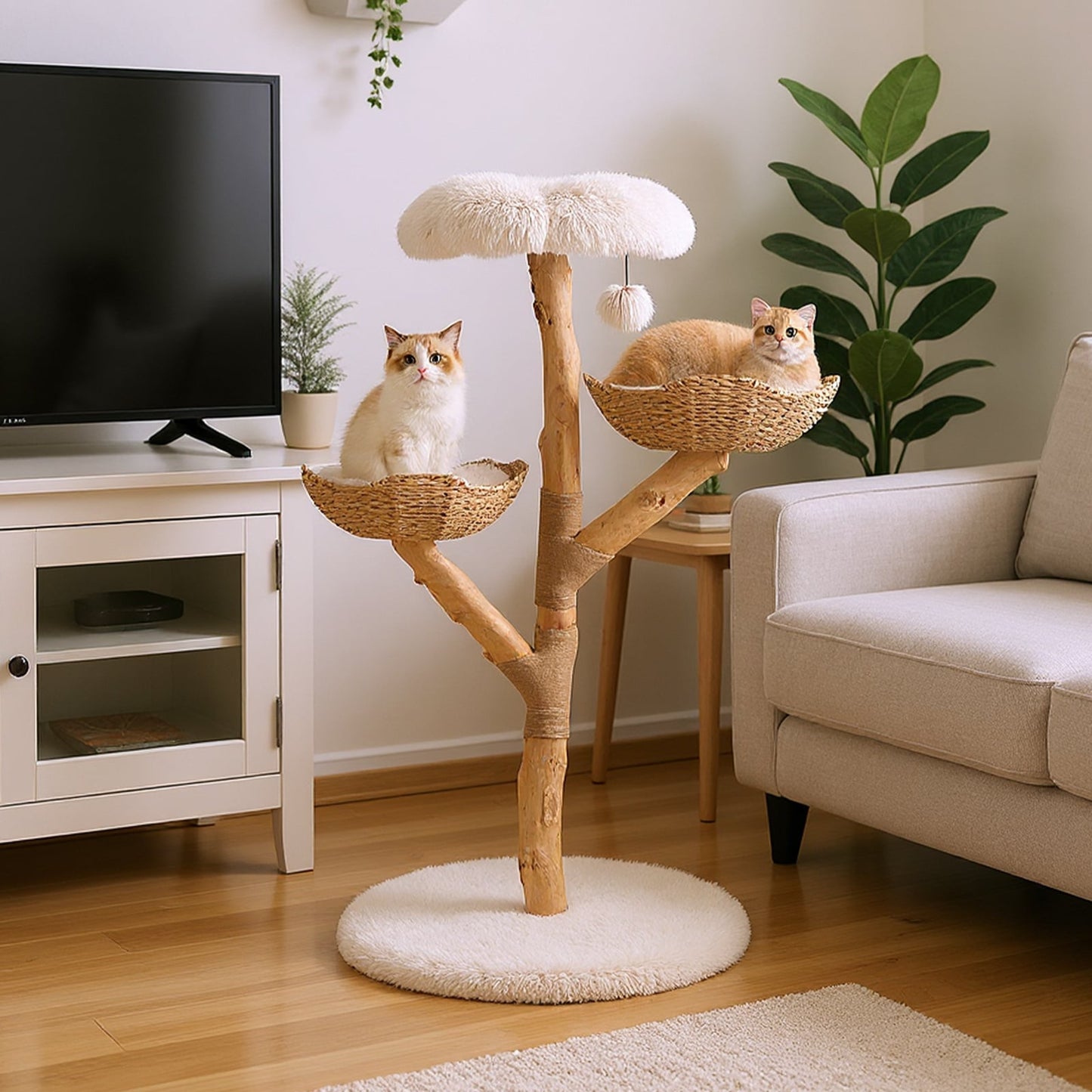 122 CM Tall Real Wood Branch Kitten Tower with Flower Perch and 2 Wicker Baskets-White