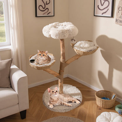 122 CM Tall Real Wood Branch Kitten Tower with Flower Perch and 2 Wicker Baskets-White
