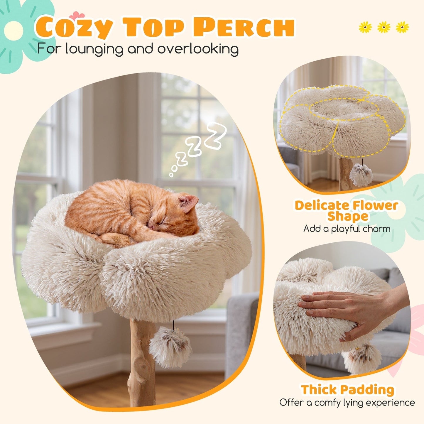 122 CM Tall Real Wood Branch Kitten Tower with Flower Perch and 2 Wicker Baskets-White