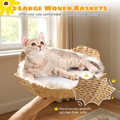 122 CM Tall Real Wood Branch Kitten Tower with Flower Perch and 2 Wicker Baskets-White
