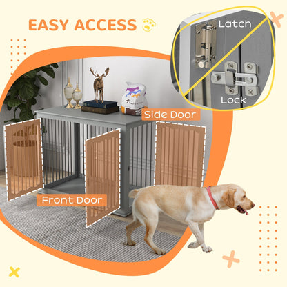 PawHut Dog Crate End Table w/ Three Doors, Furniture Style Dog Crate, for Big Dogs, Indoor Use w/ Locks and Latches - Grey