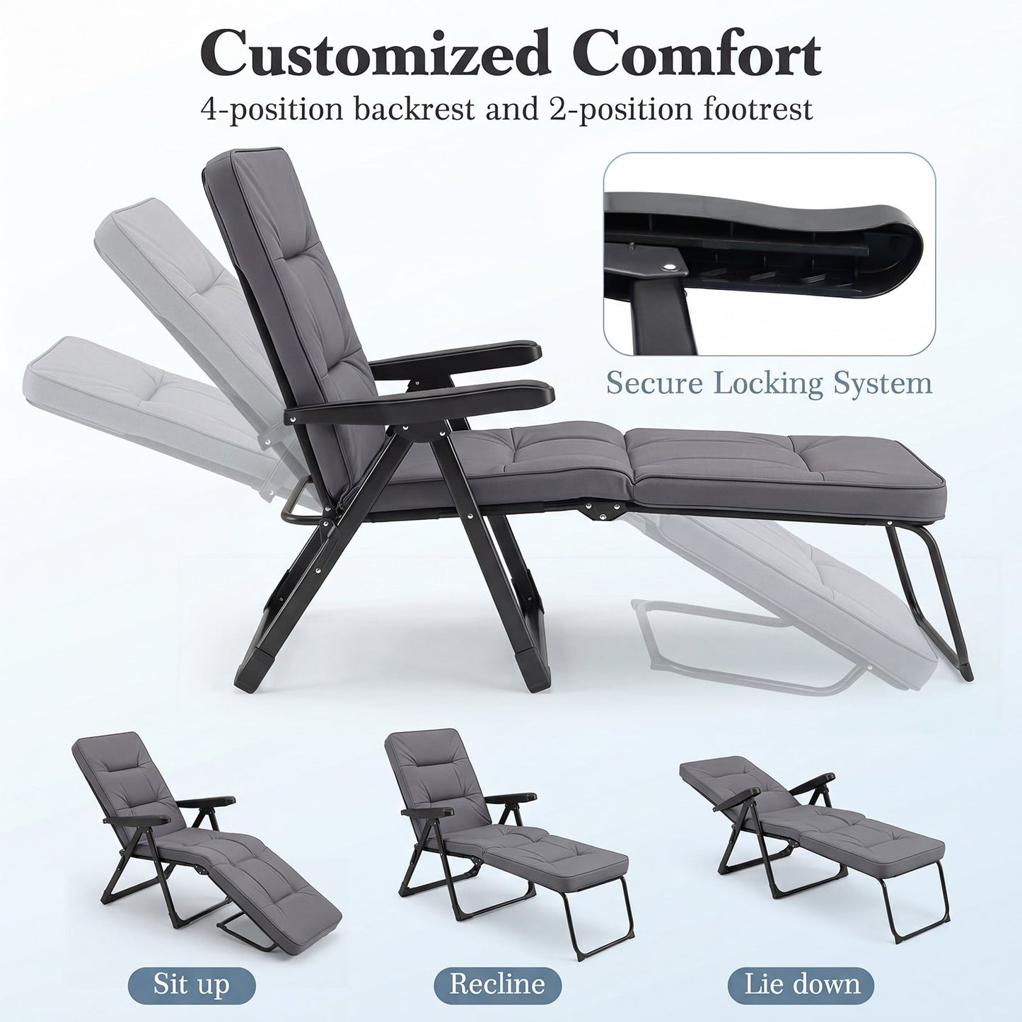 Reclining Relaxer Chair with Thick Padded Cushion for Patio-Grey