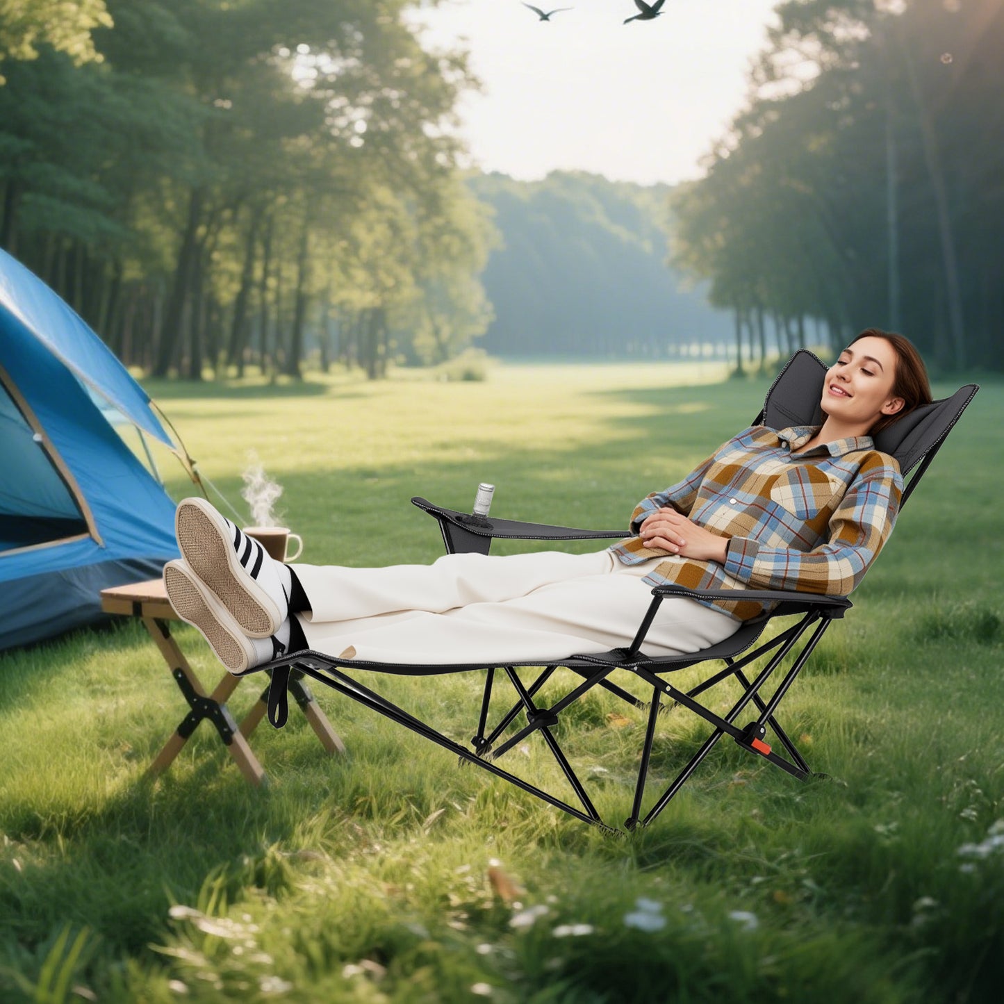 Reclining Camping Chair with Removable Footrest for Hiking Fishing-Grey
