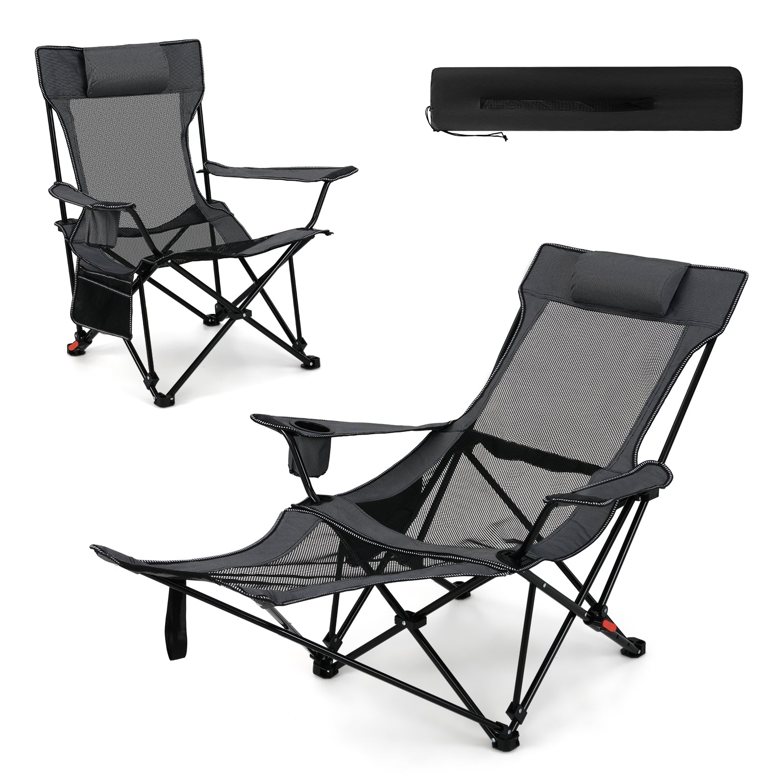 Reclining Camping Chair with Removable Footrest for Hiking Fishing-Grey