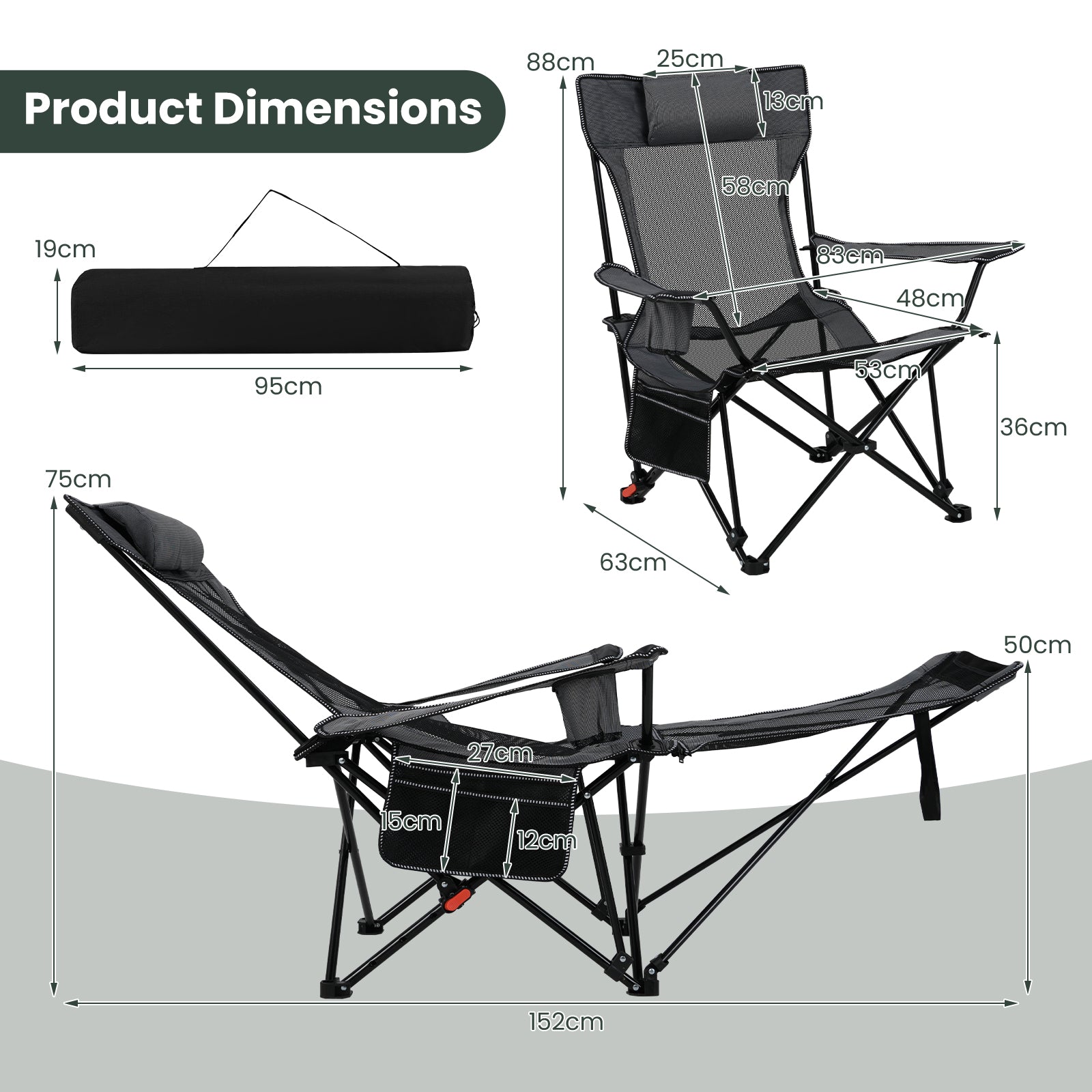 Reclining Camping Chair with Removable Footrest for Hiking Fishing-Grey