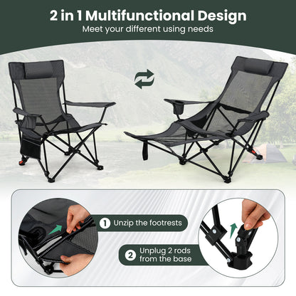 Reclining Camping Chair with Removable Footrest for Hiking Fishing-Grey