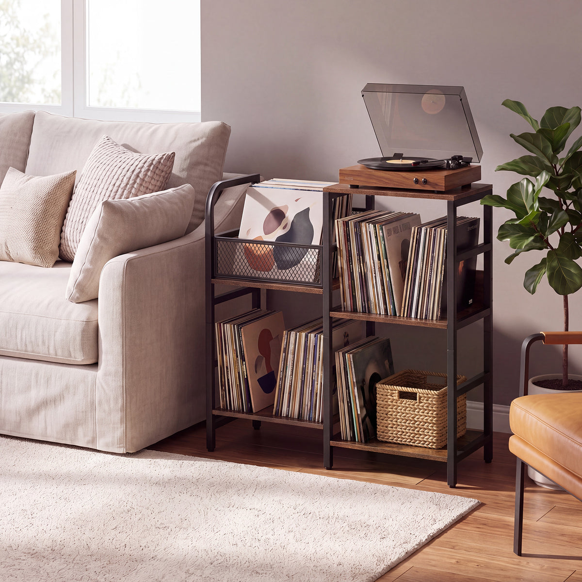 Record Player Stand Holds Up to 180-200 Albums with Vinyl Record Storage-Rustic Brown