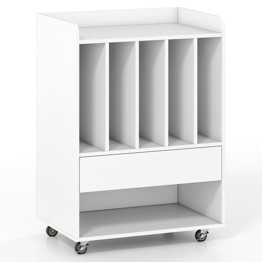 Record Player Stand On Wheels with 5 Compartments for Living Room Bedroom-White