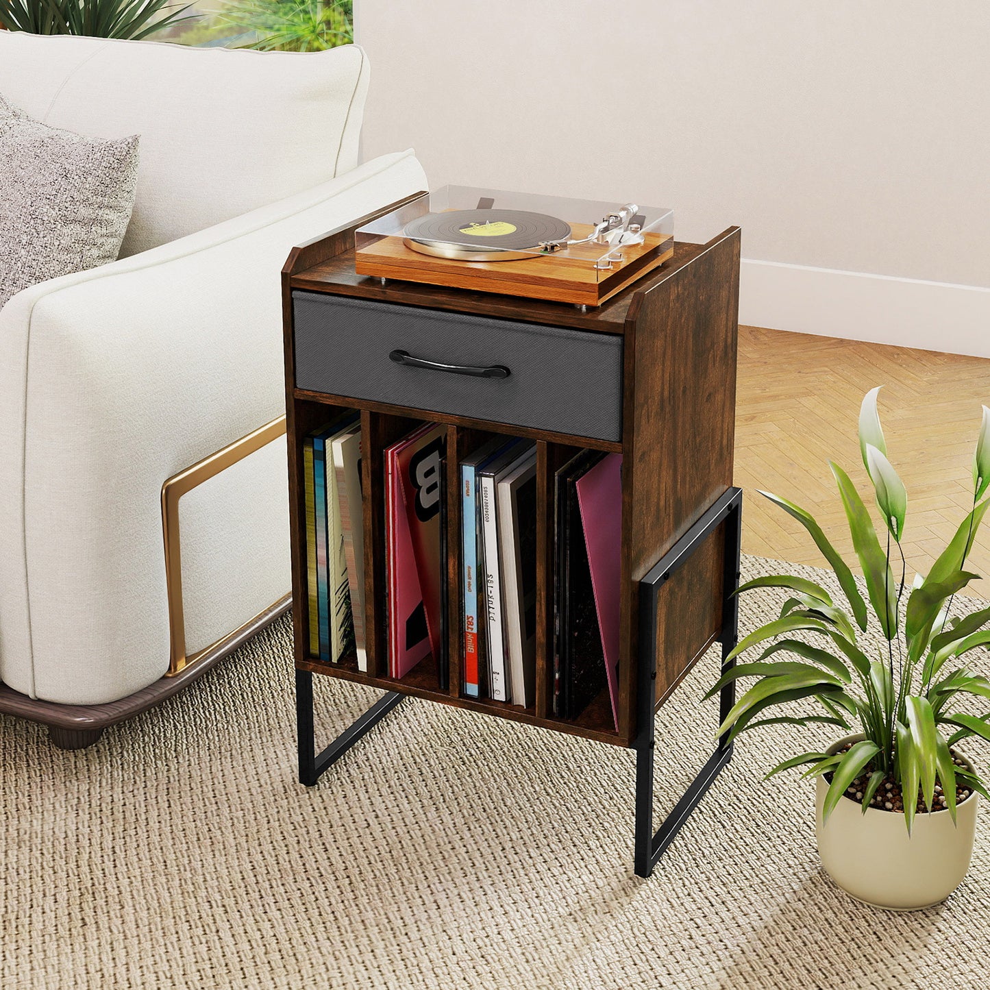 Record Player Stand Turntable Stand with Drawer and Record Holder-Brown