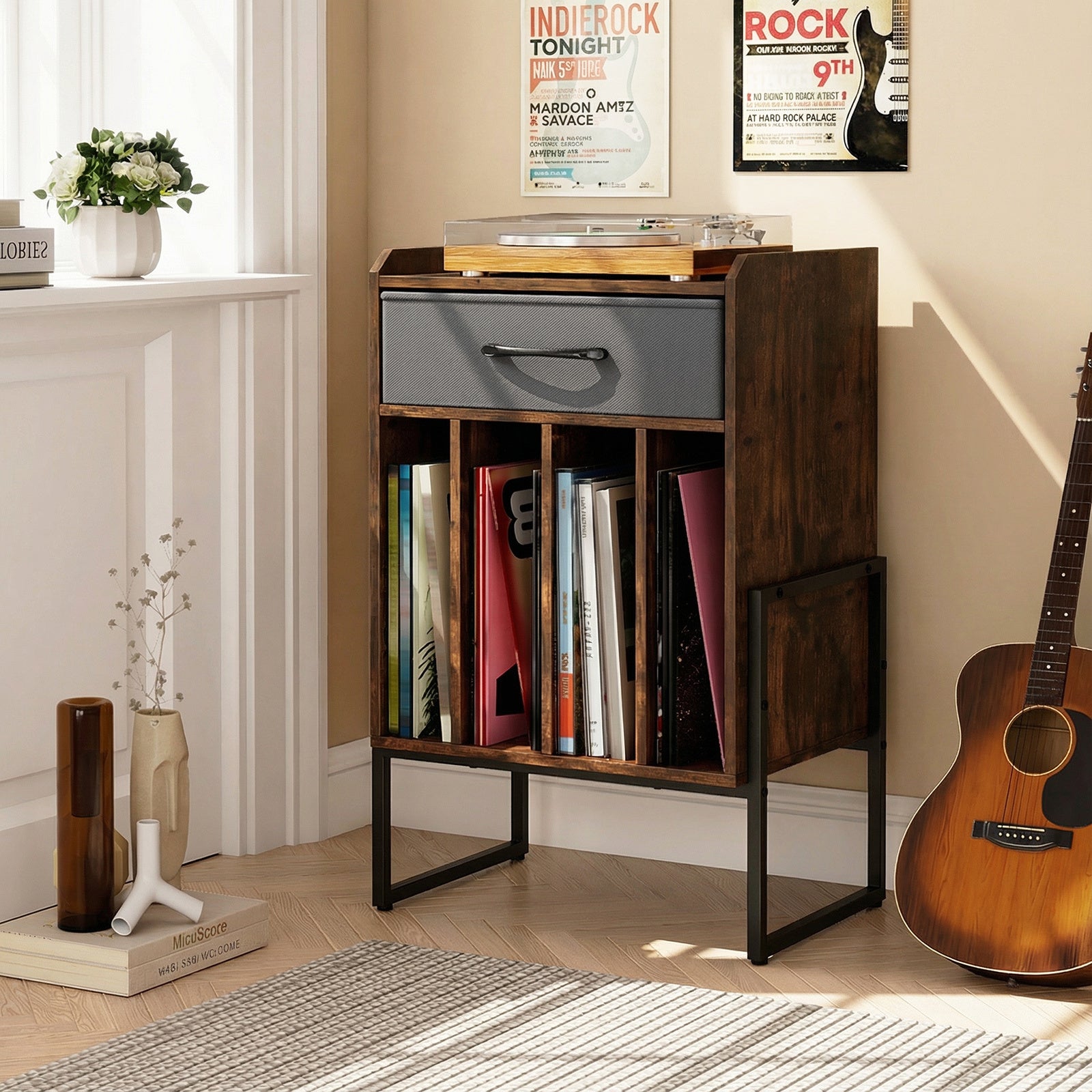 Record Player Stand Turntable Stand with Drawer and Record Holder-Brown