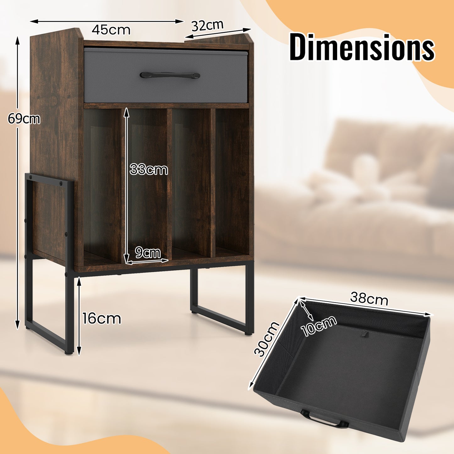 Record Player Stand Turntable Stand with Drawer and Record Holder-Brown
