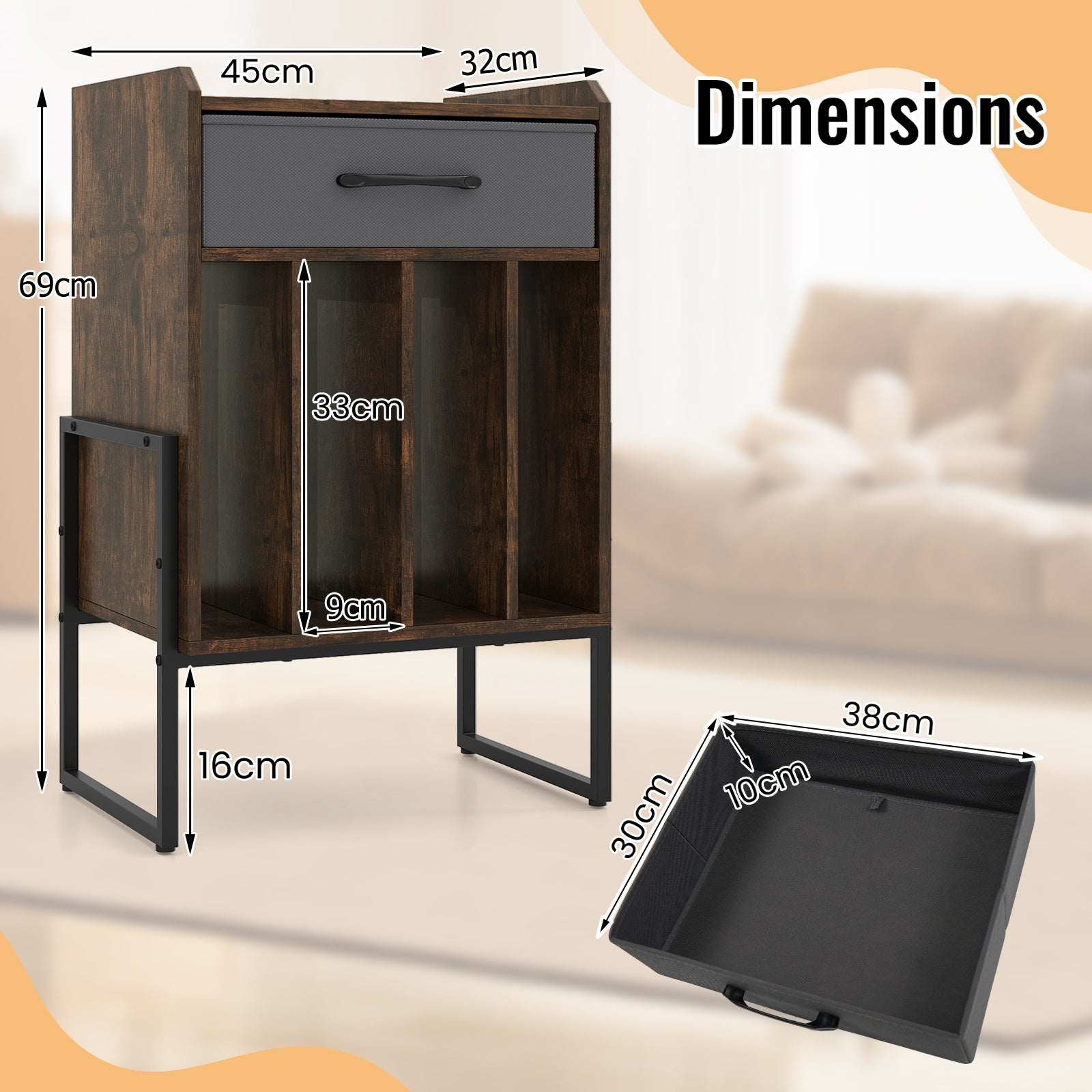Record Player Stand Turntable Stand with Drawer and Record Holder-Brown