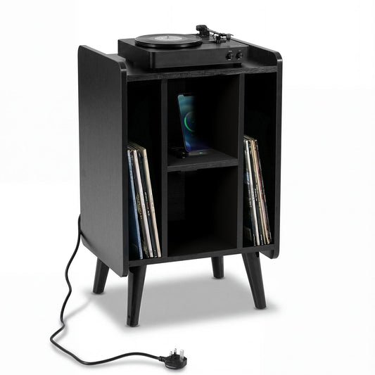 Record Player Stand with 4 Open Shelves Power Outlet USB Charging Port-Black