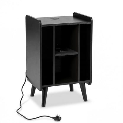 Record Player Stand with 4 Open Shelves Power Outlet USB Charging Port-Black