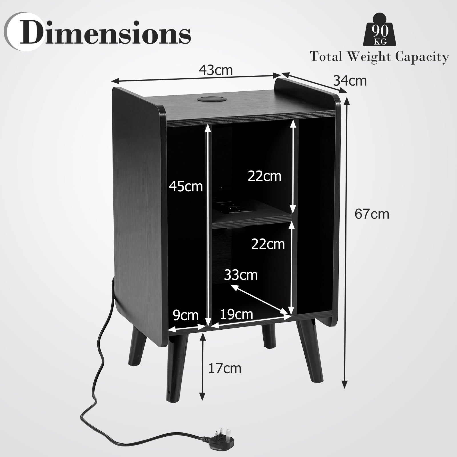 Record Player Stand with 4 Open Shelves Power Outlet USB Charging Port-Black