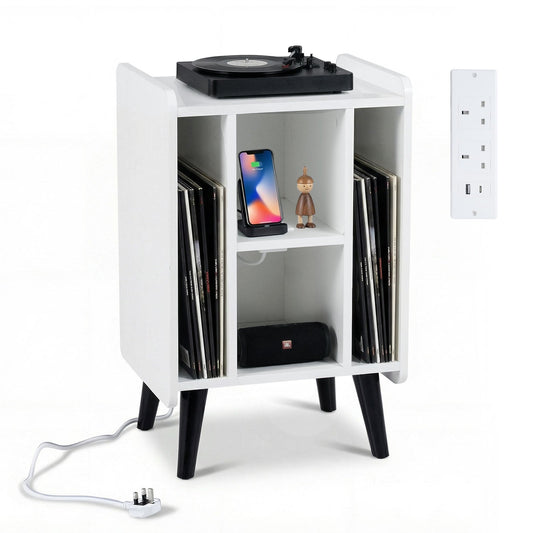 Record Player Stand with 4 Open Shelves Power Outlet USB Charging Port-White
