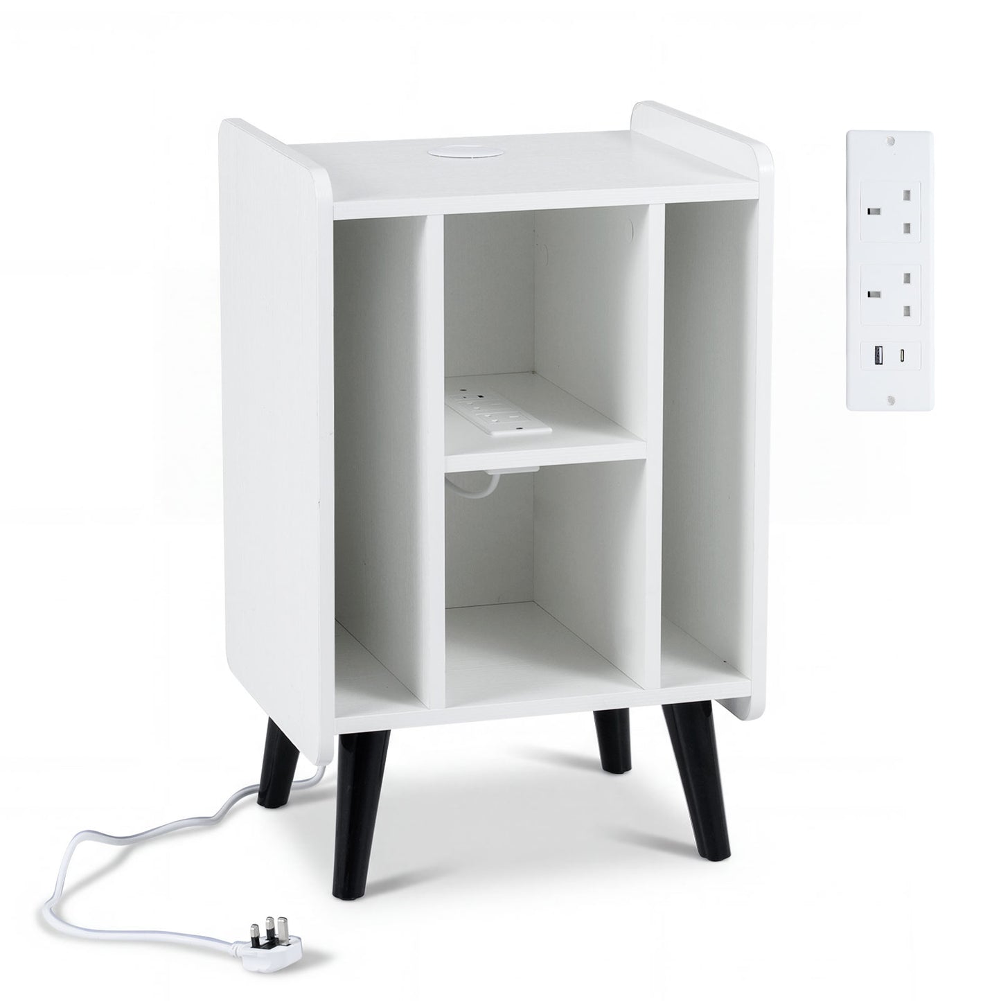 Record Player Stand with 4 Open Shelves Power Outlet USB Charging Port-White