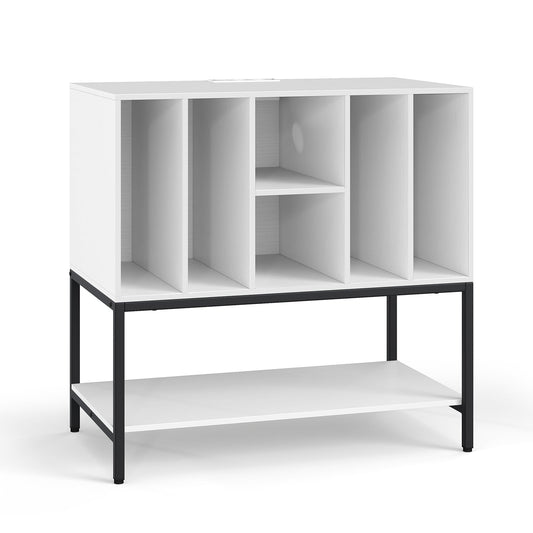 Record Player Stand with Charging Station for Living Room-White