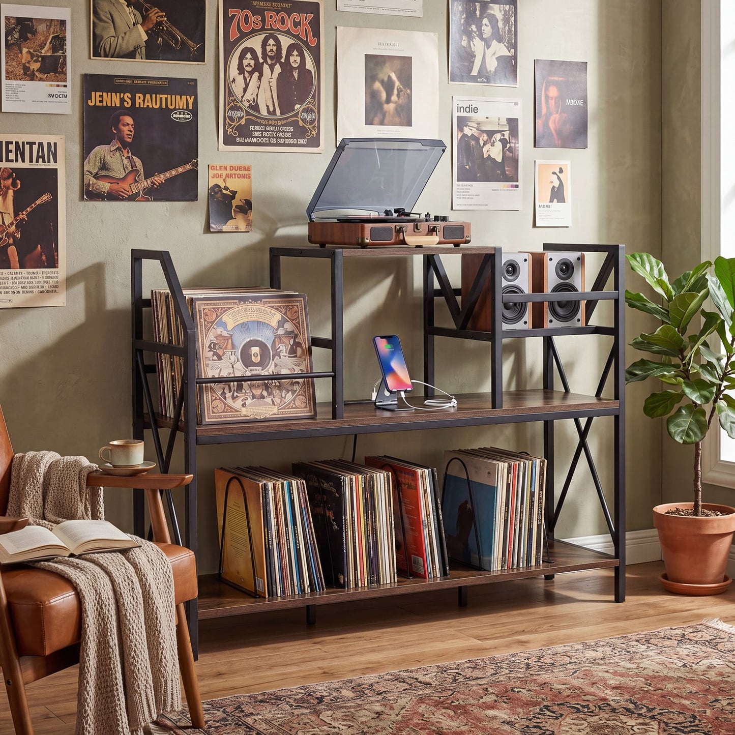 Record Player Stand with Vinyl Storage Power Outlets and Dividers for Albums-Rustic Brown