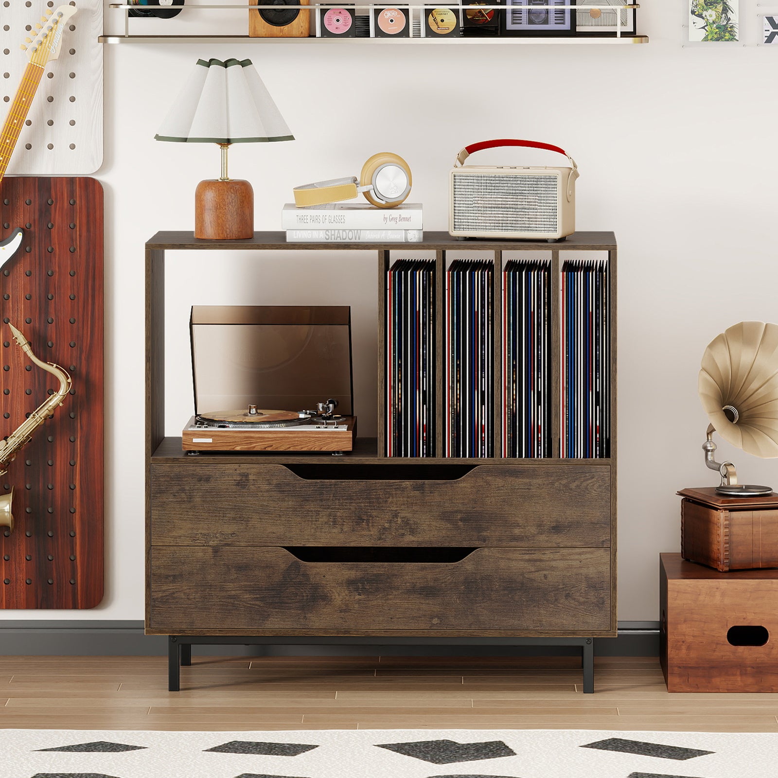Record Player Stand Mid Century Turntable Stand with Open Compartment-Brown