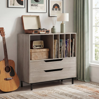 Record Player Stand Mid Century Turntable Stand with Open Compartment-Grey