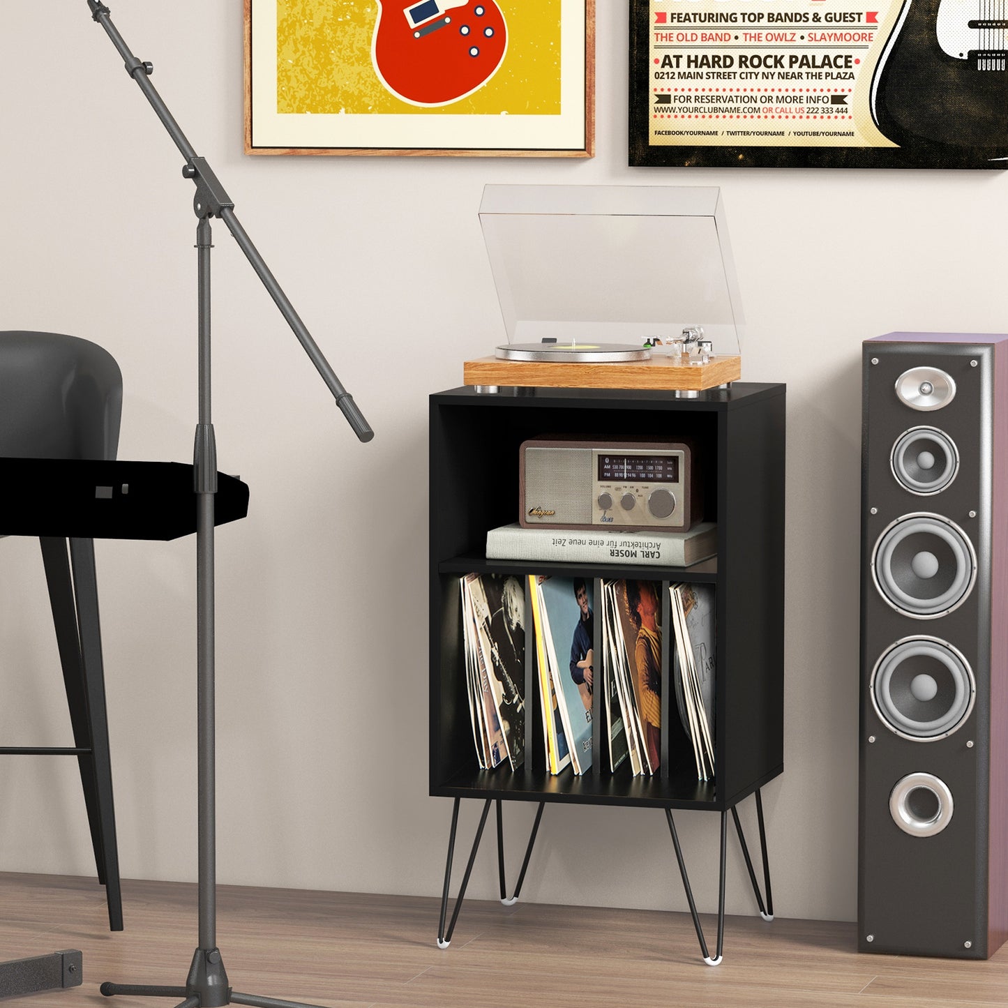 Record Player Stand 3-Tier Turntable Stand with Charging Station Vinyl Record Storage Table-Black