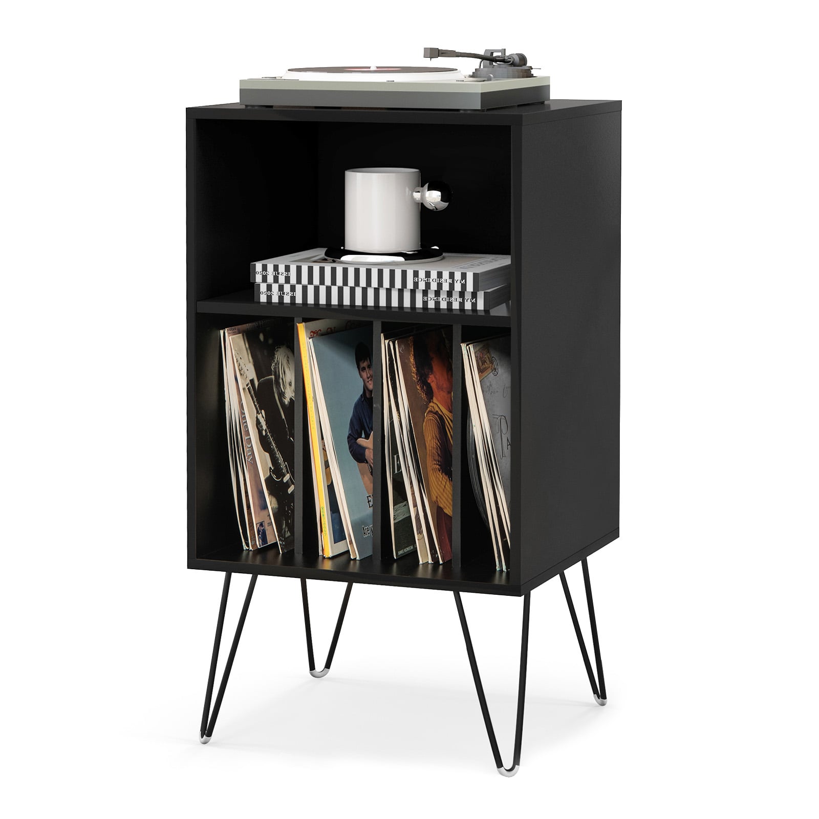 Record Player Stand 3-Tier Turntable Stand with Charging Station Vinyl Record Storage Table-Black