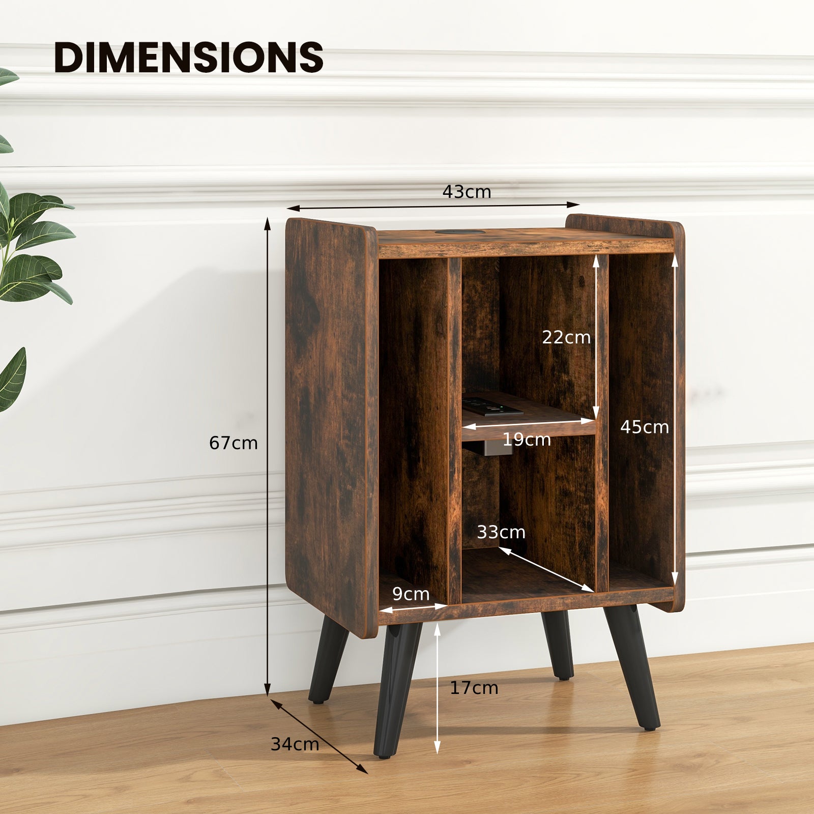 Record Player Stand with 4 Open Shelves Power Outlet USB Charging Port-Brown