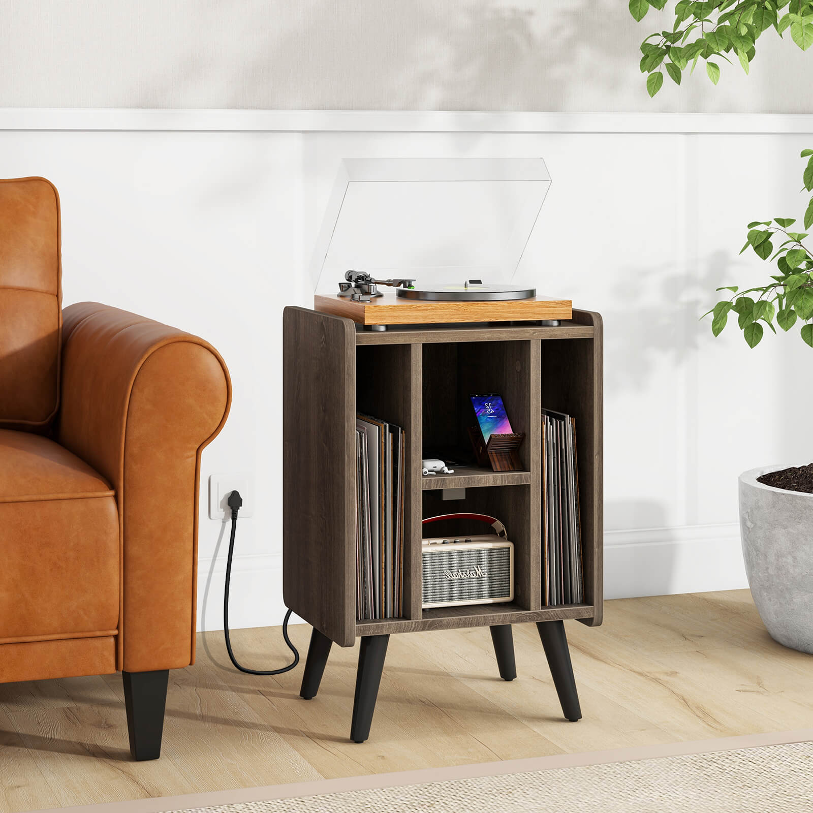 Record Player Stand with 4 Open Shelves Power Outlet USB Charging Port-Oak