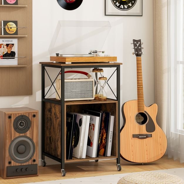 Record Player Stand with Built-in Charging Station-Brown