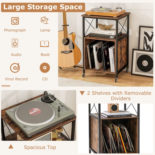 Record Player Stand with Built-in Charging Station-Brown