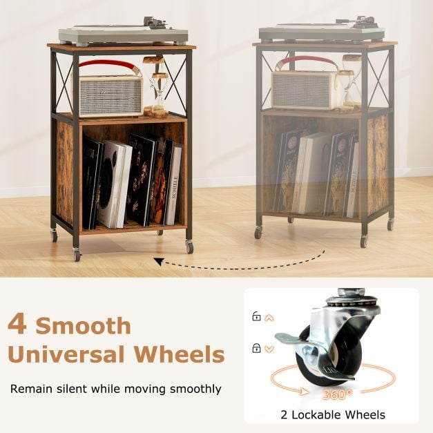 Record Player Stand with Built-in Charging Station-Brown