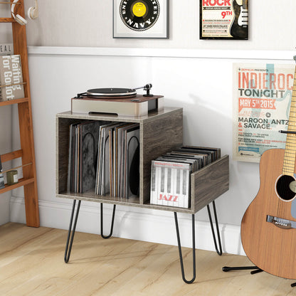 Record Player Stand with Power Outlet and Removable Dividers-Grey