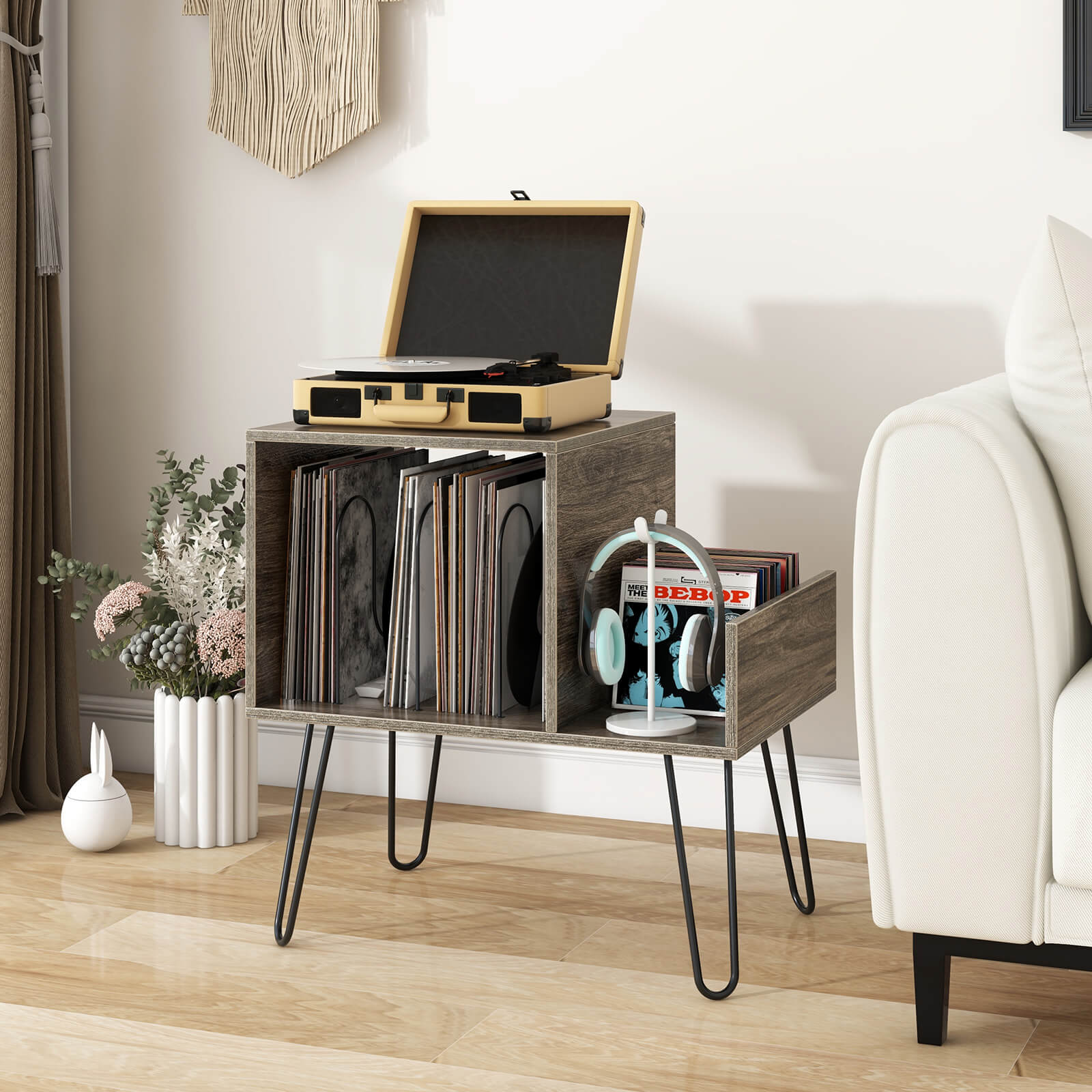 Record Player Stand with Power Outlet and Removable Dividers-Grey