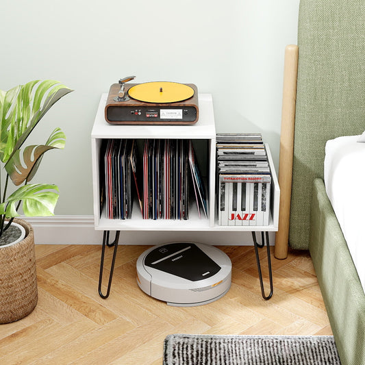 Record Player Stand with Power Outlet and Removable Dividers-White