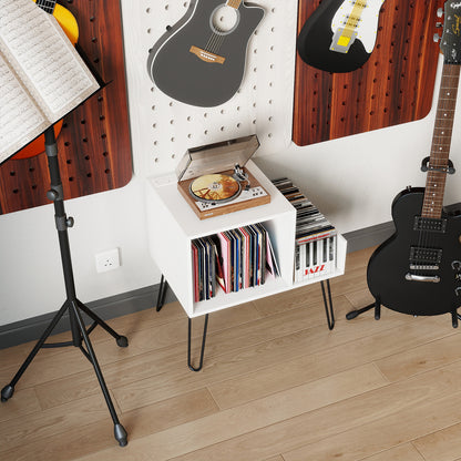 Record Player Stand with Power Outlet and Removable Dividers-White