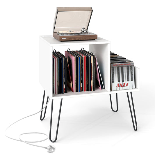 Record Player Stand with Power Outlet and Removable Dividers-White