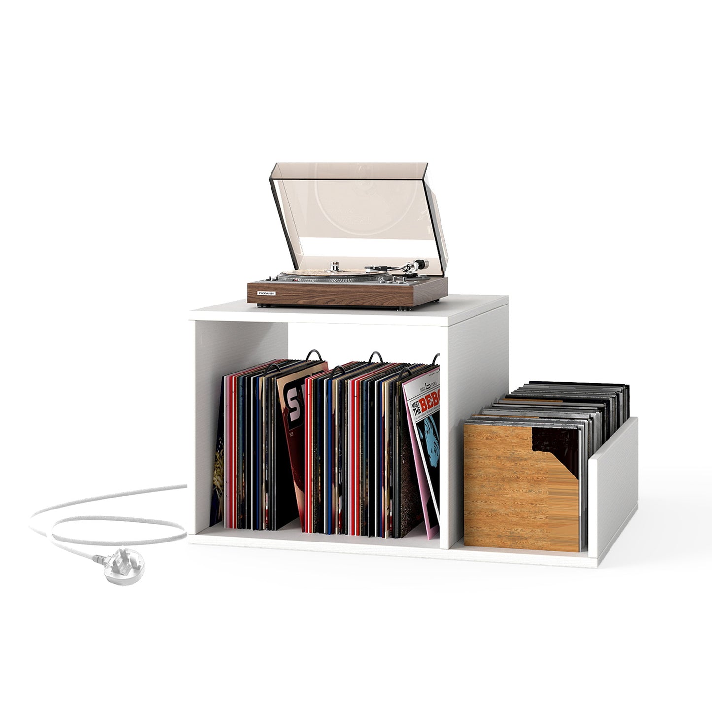 Record Player Stand with Power Outlet and Removable Dividers-White