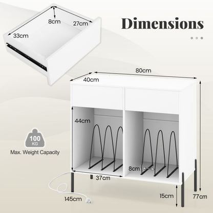 Record Player Stand with Power Outlets and Drawers for Living Room-White