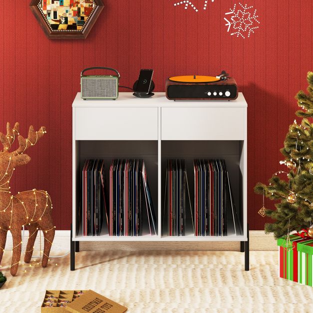 Record Player Stand with Power Outlets and Drawers for Living Room-White