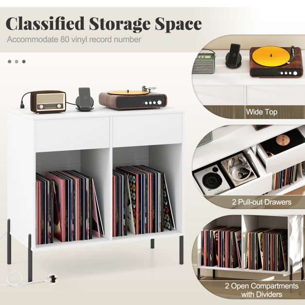 Record Player Stand with Power Outlets and Drawers for Living Room-White