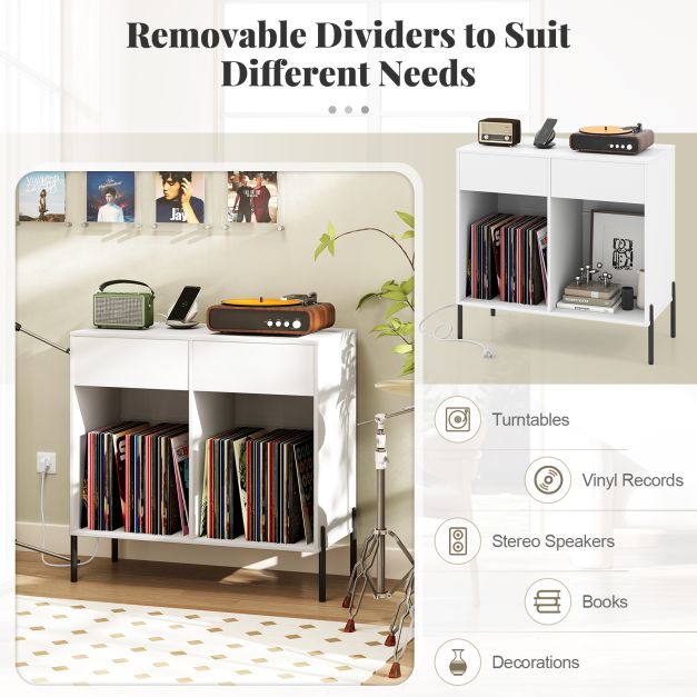 Record Player Stand with Power Outlets and Drawers for Living Room-White